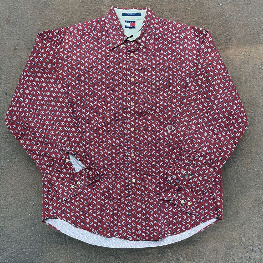 Tommy Hilfiger Vintage 90s Casual Button Front Red Shirt Cotton Men's Size Large